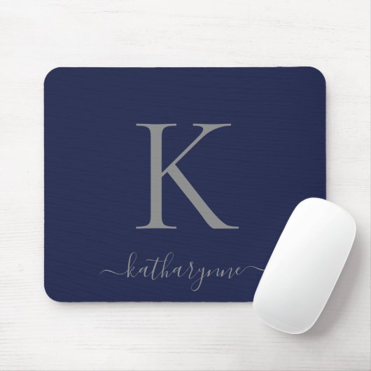 Chic Navy Blue Silver Monogram Script Muismat (Met muis)