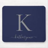 Chic Navy Blue Silver Monogram Script Muismat (Voorkant)