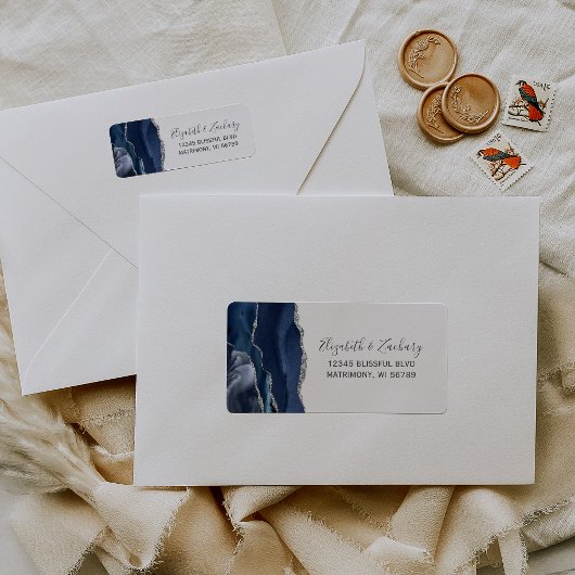 Chic Navy Blue Silver Wedding Return-adres Etiket
