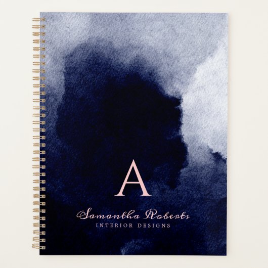 Chic Navy Blue Waterverf Blush Pink Monogram Planner (Voorkant)