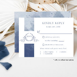Chic Navy Blue Waterverf Wedding Monogram RSVP Kaartje