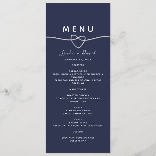 Chic Navy Blue Wedding Menu (Voorkant)
