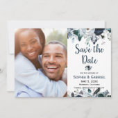Chic Navy Blue White Flowers Weddenschap Save the Save The Date (Voorkant)
