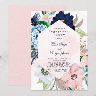 Chic Navy Blush Pink Floral Engagement Party Kaart