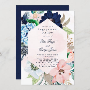 Chic Navy Blush Pink Floral Engagement Party Kaart