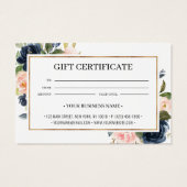 Chic Navy Blush Pink Floral Gift Certificate Kaart (Achterkant)