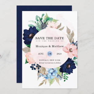 Chic Navy Blush Pink Floral Wedding Save the Date Kaart