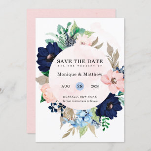 Chic Navy Blush Pink Floral Wedding Save the Date Kaart