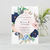 Chic Navy Blush Pink Floral Wedding Shower Invites (Staand voorkant)