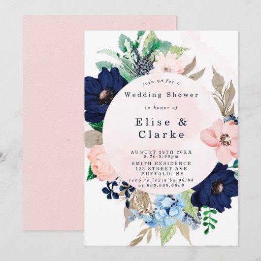 Chic Navy Blush Pink Floral Wedding Shower Invites (Voorkant / Achterkant)