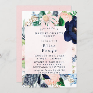Chic Navy Blush Pink Florals Bachelorette Party Kaart