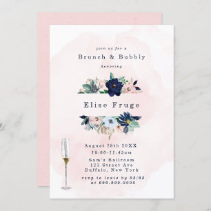Chic Navy Blush Pink Florals Brunch & Bubble Kaart