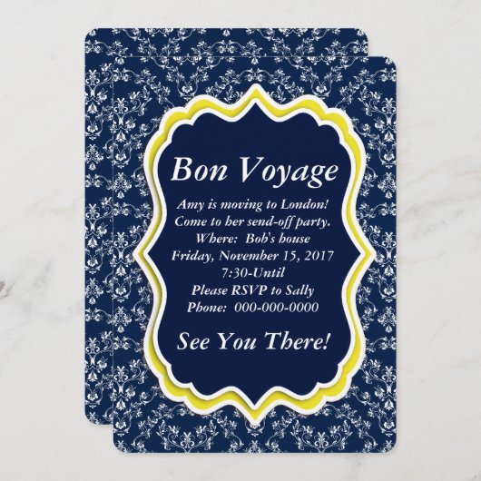 Chic Navy Damask Floral "Bon Voyage" Uitnodiging (Voorkant / Achterkant)