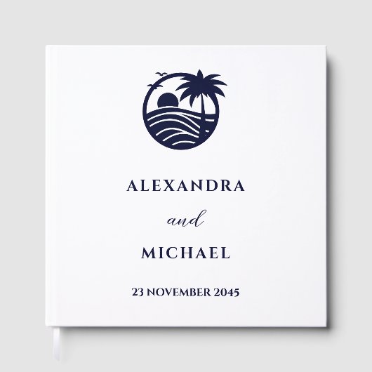 Chic Navy en Witte Palm Tree Coastal Wedding Gastenboek (Voorkant)