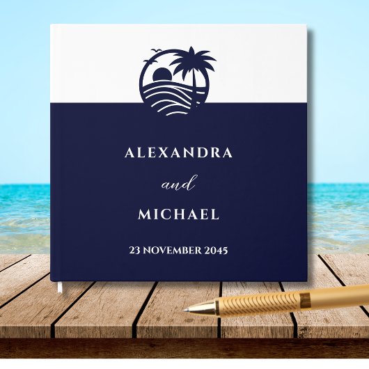 Chic Navy en Witte Palm Tree Coastal Wedding Gastenboek