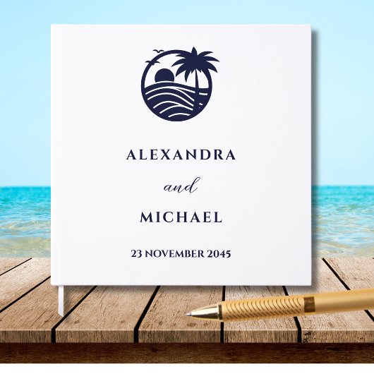 Chic Navy en Witte Palm Tree Coastal Wedding Gastenboek