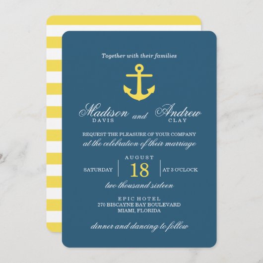 Chic Navy et Jaune Ancre Faire-part de mariage (Devant / Derrière)