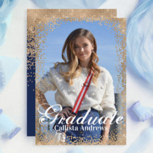 Chic Navy Gold Glitter Confetti Foto Afstuderen Kaart