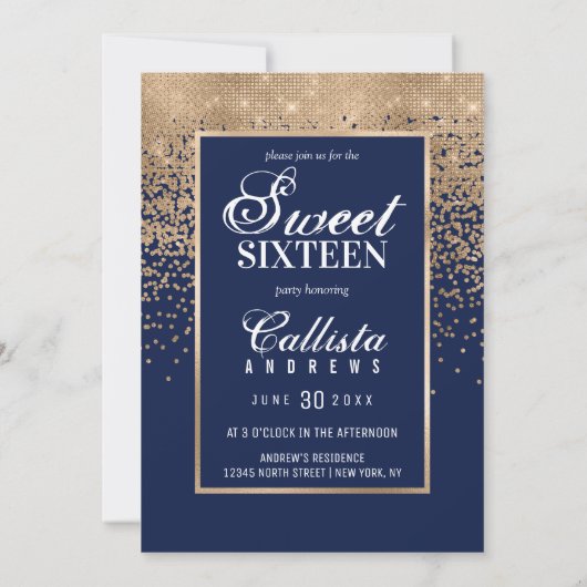 Chic Navy Gold Glitter Confetti Foto Sweet 16 Kaart (Achterkant)