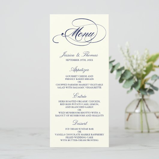 Chic Navy & Ivory Mariage Menu Modèle (Debout devant)