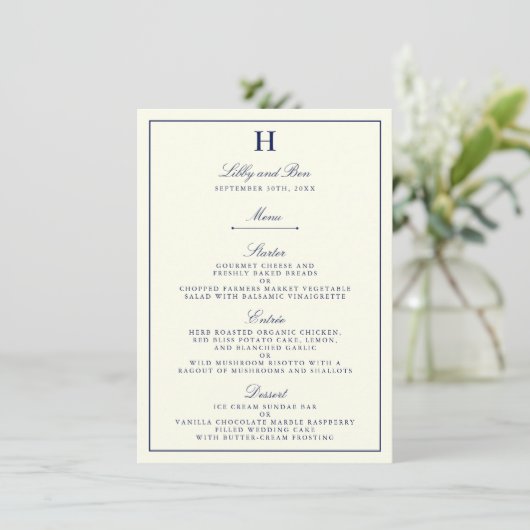Chic Navy & Ivory Mariage Menu Modèle (Debout devant)