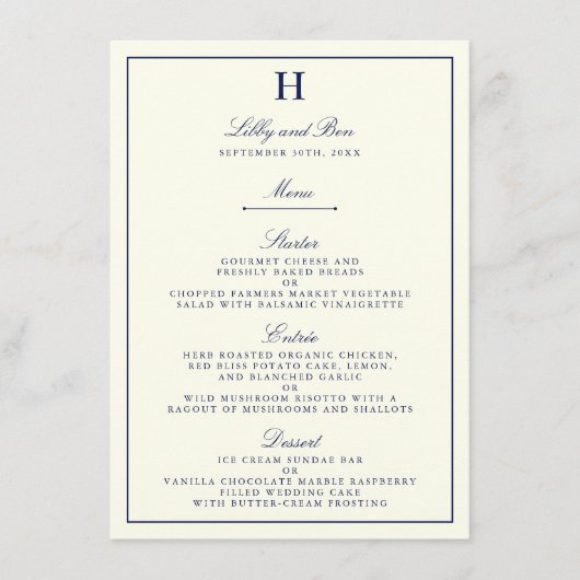Chic Navy & Ivory Wedding Menu Sjabloon (Voorkant)