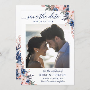 Chic Navy Peach Floral foto Save the Date Kaart