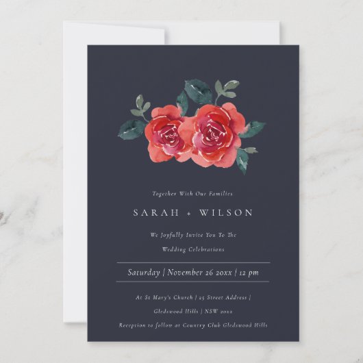 CHIC NAVY RED GREEN ROOS FLORAL WEDDING INVITE BEDANKKAART (Voorkant)