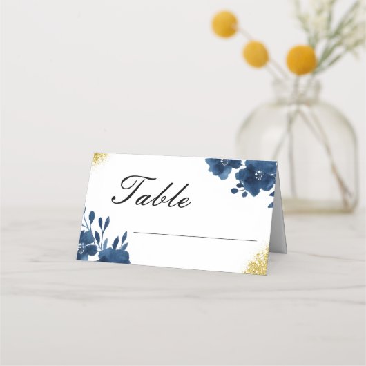 Chic Navy Waterverf Flowers Gold Glitter Wedding (Voorkant)