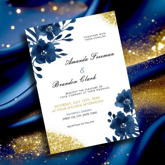 Chic Navy Waterverf Flowers Gold Glitter Wedding Kaart