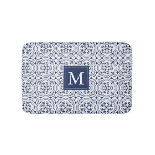 Chic Navy & White Moroccan Tile Pattern Monogram Badmat