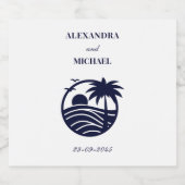 Chic Navy White Palm Tree Coastal Wedding Sparkling Wijnetiket (Enkel label)