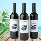 Chic Navy White Palm Tree Coastal Wedding Wijn Etiket