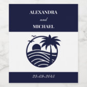 Chic Navy White Stripe Palm Tree Coastal Wedding Wijn Etiket (Enkel label)
