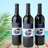 Chic Navy White Stripe Palm Tree Coastal Wedding Wijn Etiket