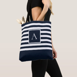 CHIC NAVY WHITE STRIPE Square Letter Monogram Draagtas