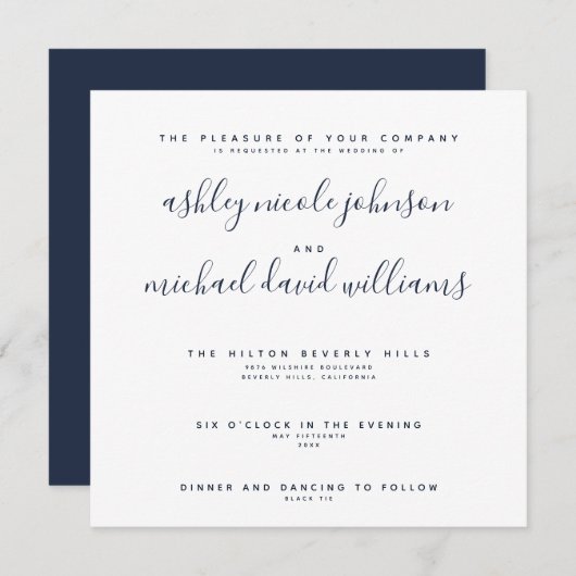 CHIC NAVYBLAUW & WIT SCRIPT TYPOGRAFIE Bruiloft Kaart (Voorkant / Achterkant)