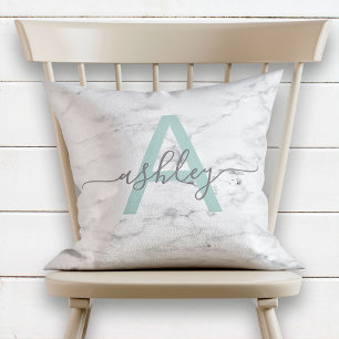 Chic Neo Mint & Gray Marble Name Monogram Kussen