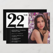 Chic noir blanc 22e anniversaire Invitations Photo (Devant / Derrière)