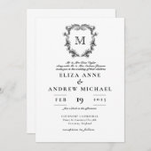ChIc Noir Blanc Monogramme Crest Faire-part de mar (Devant / Derrière)