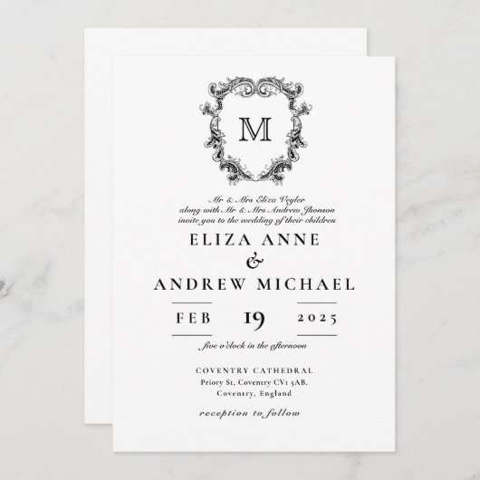 ChIc Noir Blanc Monogramme Crest Faire-part de mar (Devant / Derrière)