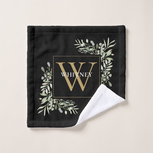 Chic Noir Monogramme Vert Floral (Gant de toilette)