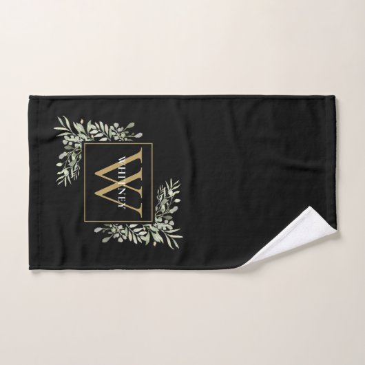 Chic Noir Monogramme Vert Floral (Serviette à main)