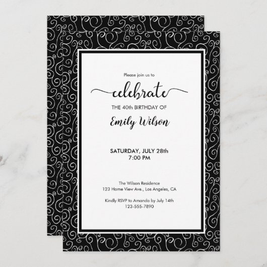 Chic noir Motif 40e anniversaire Invitation (Devant / Derrière)