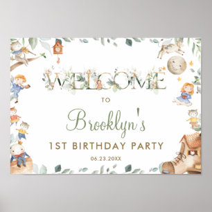 Chic Nursery Rhyme Greenery 1st Birthday Welkom Poster