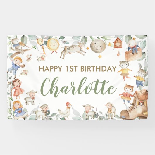 Chic Nursery Rhyme Greenery Birthday Backdrop Spandoek (Horizontaal)