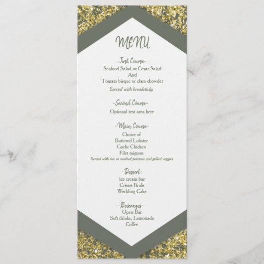 Chic Olijf & Goud Glitter Flakes Glam Wedding Menu (Voorkant)