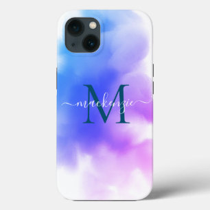 Chic Ombre Blue Pink Waterverf Monogrammed iPhone 13 Hoesje