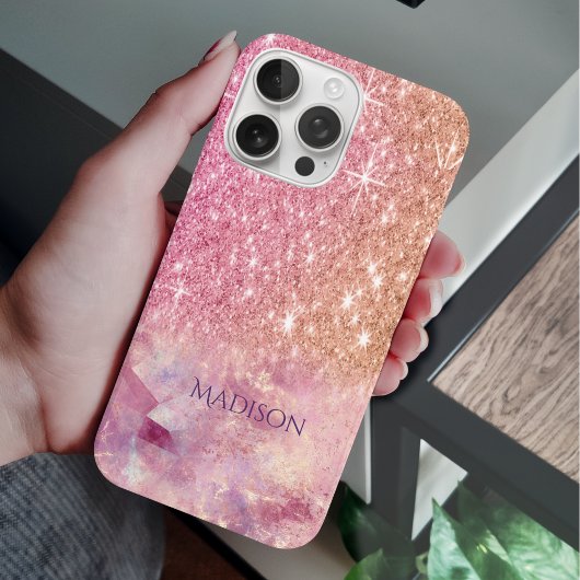 Chic ombre roos blush roze glitter monogram Case-Mate iPhone case
