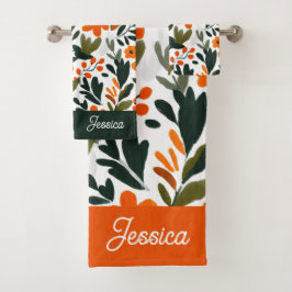 Chic Oranje Lente Bloemen Botanisch Patroon Naam Bad Handdoek